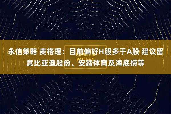 永信策略 麦格理：目前偏好H股多于A股 建议留意比亚迪股份、安踏体育及海底捞等